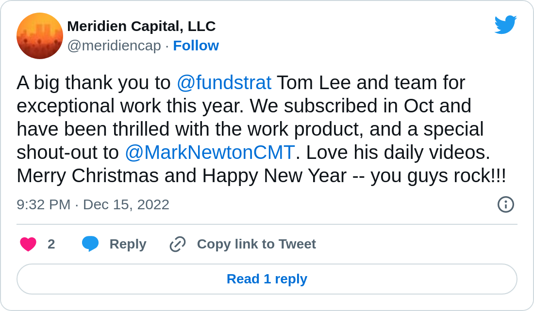 Meridien Capital, LLC: @fs_insight A big thank you to @fundstrat Tom Lee and...